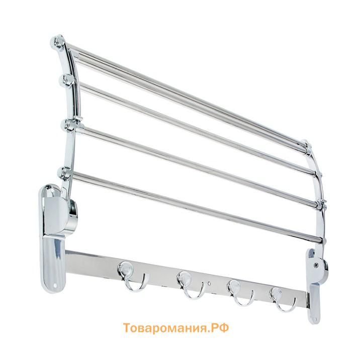 Полка откидная с держателем полотенец, 4 крючка, 58×25×13 см, хром
