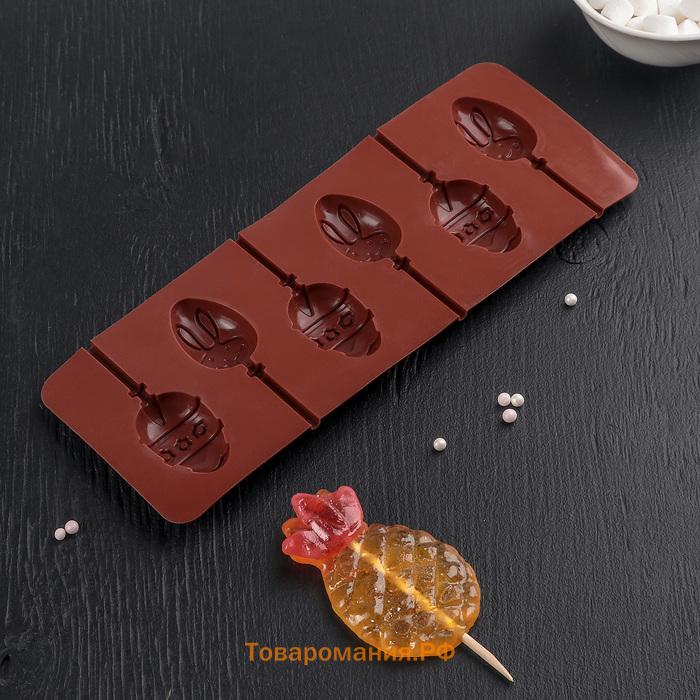 Форма для леденцов  «Пасхальный кролик», силикон, 26×10×1 см, 6 ячеек, с палочками, коричневая
