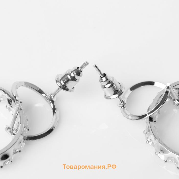 Серьги со стразами «Вспышка» два круга, белые в серебре