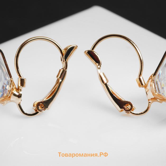 Серьги со стразами «Большой сапфир» в наклоне, d=1.6, белые в золоте