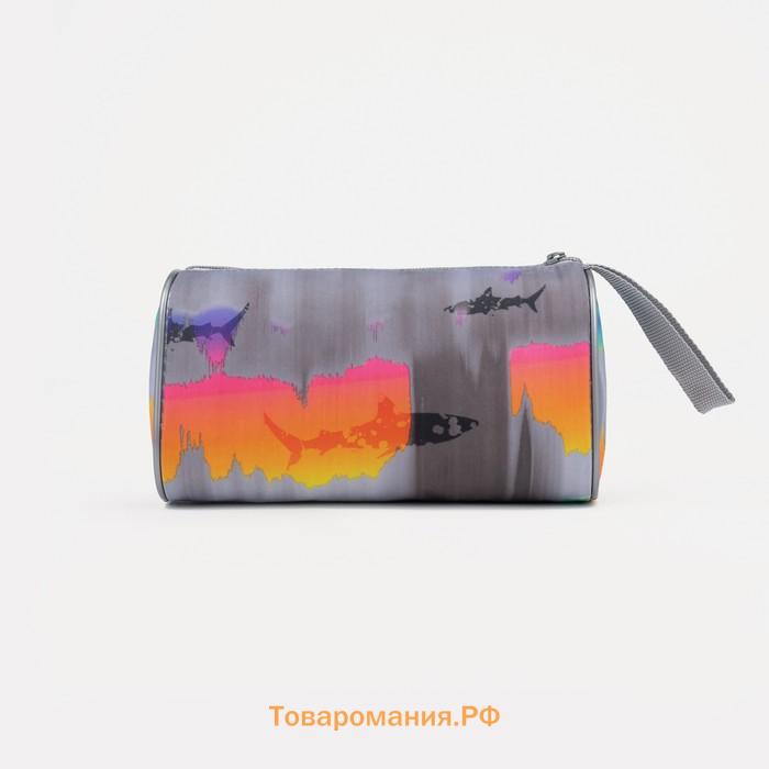 Косметичка простая на молнии, объёмная, с ручкой, с рисунком, серая/бирюзовая
