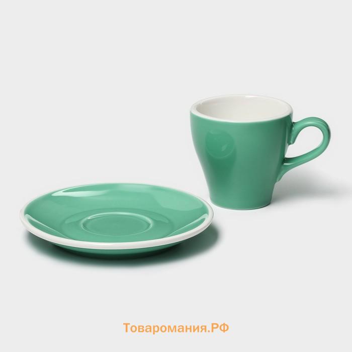 Кофейная пара фарфоровая Magistro Coffee time, 2 предмета: чашка 180 мл, блюдце d=14,5 см, цвет бирюзовый