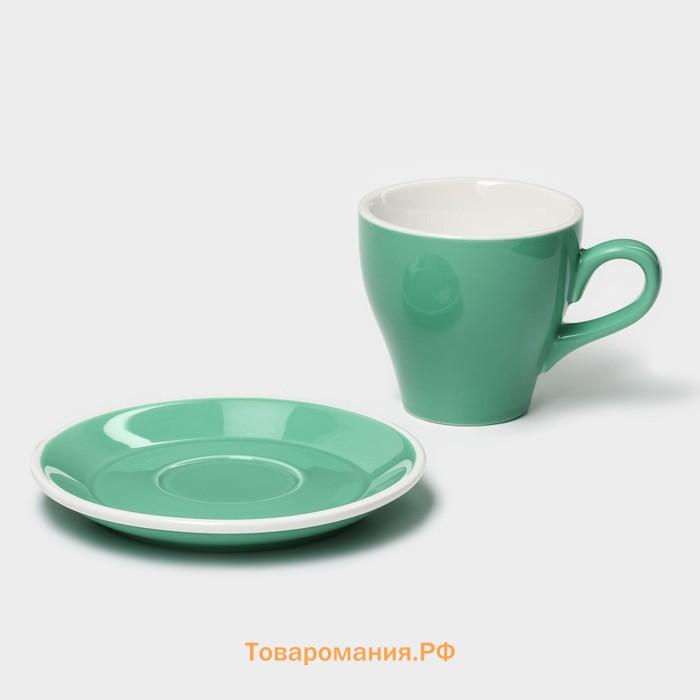 Кофейная пара фарфоровая Magistro Coffee time, 2 предмета: чашка 280 мл, блюдце d=15,5 см, цвет бирюзовый