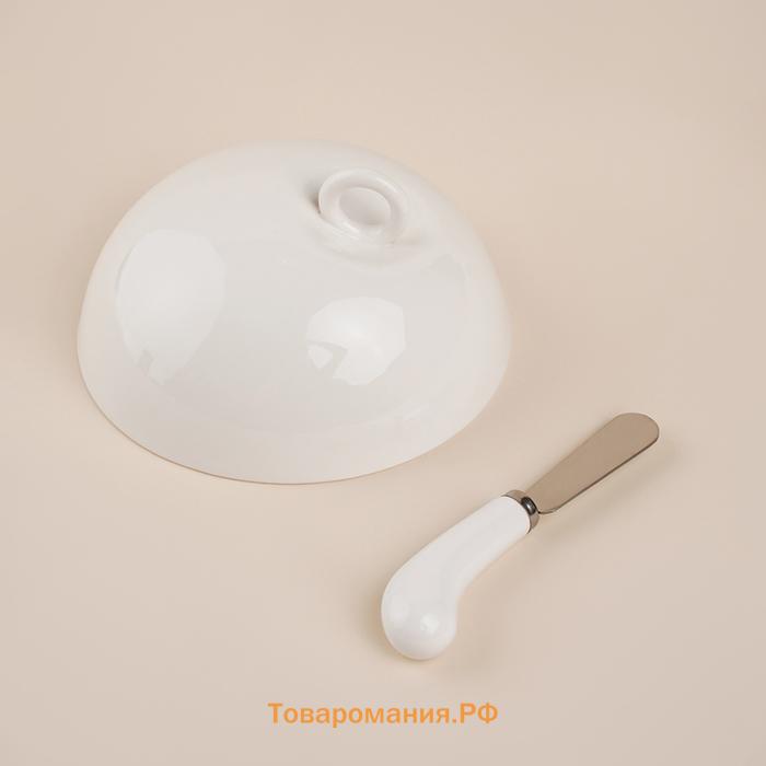 Маслёнка SL Home «Тренто», 22×17.5 см, на деревянной подставке, с ножом для масла, фарфор, белая