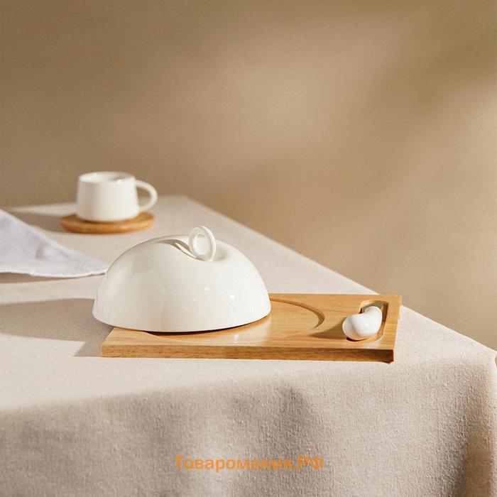 Маслёнка SL Home «Тренто», 22×17.5 см, на деревянной подставке, с ножом для масла, фарфор, белая