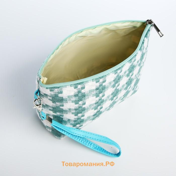 Косметичка женская на молнии, с подкладом, ручкой, белая/зелёная