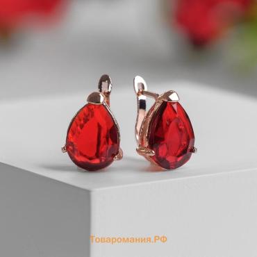 Серьги со стразами «Эдель» капля идеал, красные в розовом золоте