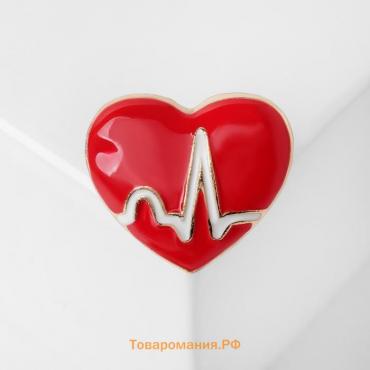 Брошь «Сердце» кардиограмма, цвет красно-белый в золоте