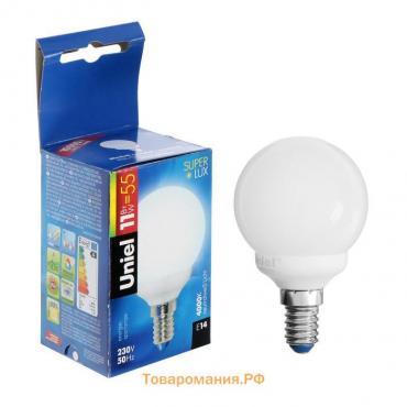 Лампа энергосберегающая Uniel "шар" G55, Е14, 11 Вт, 4000 К
