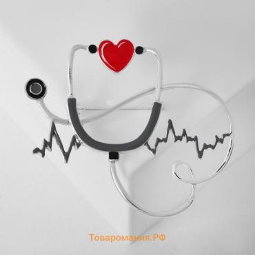 Брошь «Стетоскоп» кардиограмма, цвет красно-серый в серебре