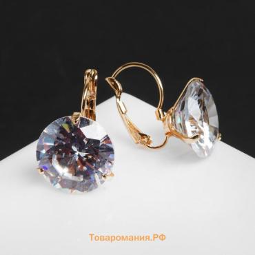 Серьги со стразами «Большой сапфир» в наклоне, d=1.6, белые в золоте