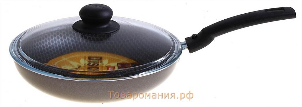 Сковорода Discovery, d=24 см, стеклянная крышка, съёмная ручка, антипригарное покрытие, цвет серый