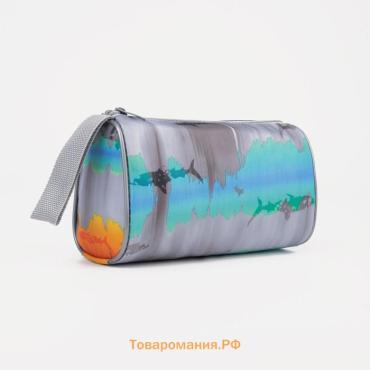 Косметичка простая на молнии, объёмная, с ручкой, с рисунком, серая/бирюзовая
