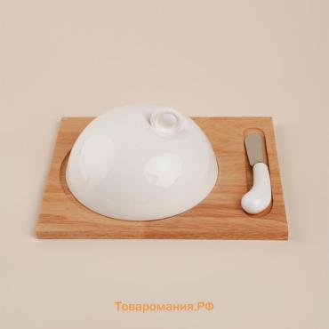 Маслёнка SL Home «Тренто», 22×17.5 см, на деревянной подставке, с ножом для масла, фарфор, белая