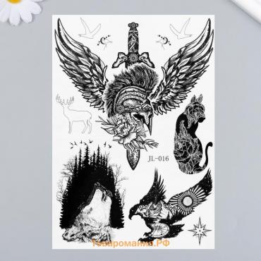 Переводные тату на тело чёрные «Кинжал, шлем и крылья», 21×14.8 см